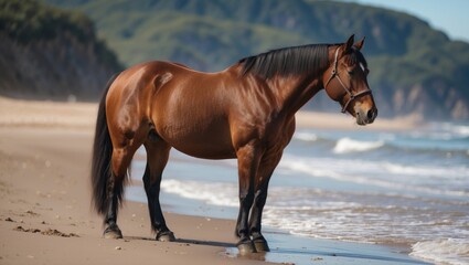A brown horse standing on a beachside with ocean waves and cliffs in the background.