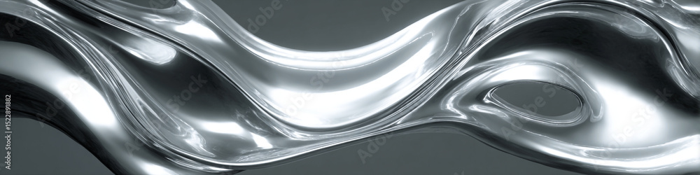 Poster a flowing silver liquid with smooth curves and reflections on a gray background creating an abstract