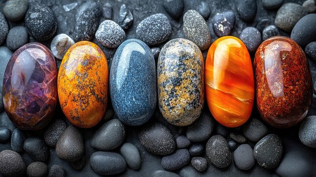 Colorful polished stones on dark pebbles