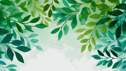 Abstract background frame with watercolor painting of green leaves suitable for card templates