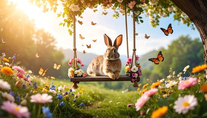 Rabbit on a swing in a floral meadow
