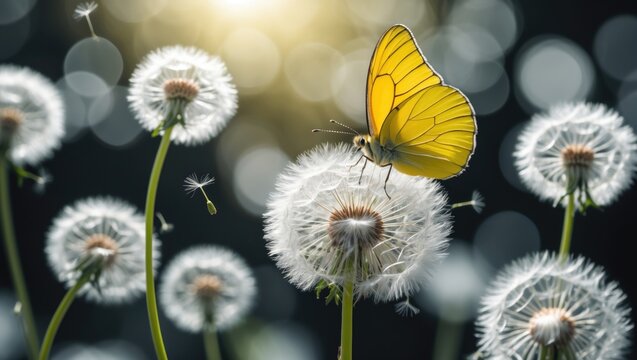 Fototapeta Bright yellow butterfly on white fluffy dandelion isolated on black, amidst dandelions in a natural setting with blurred background and bokeh effect.