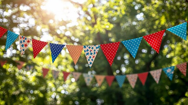 Festive bunting flags strung outdoors in a sunny park setting.