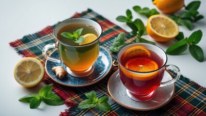 Set of 2 different hot drinks on plaid table with lemon, ginger, mint, and citrus slices, white background, empty space for text.