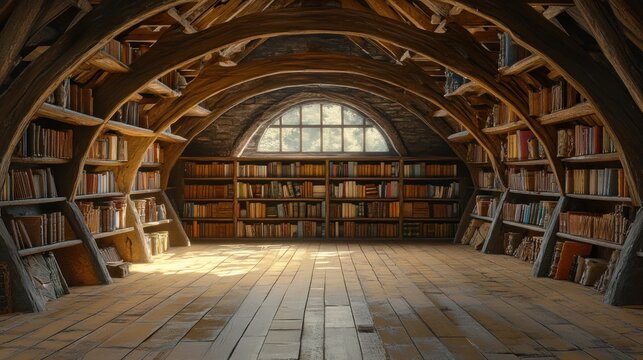 A grand, antique attic library filled with countless books.