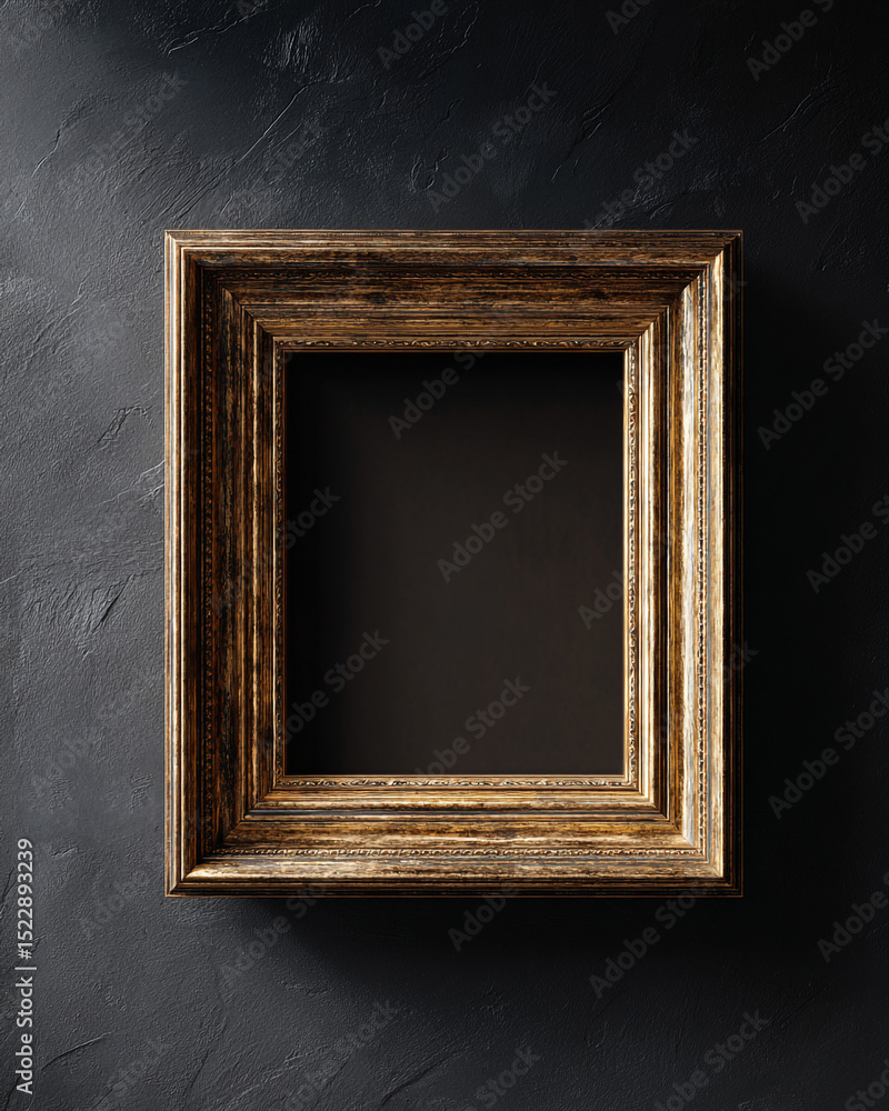 Poster ornate golden picture frame with multiple layers against a dark textured wall background in studio s