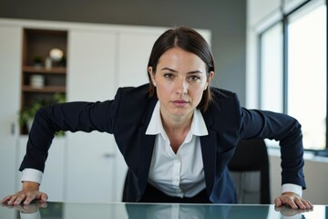 Young businesswoman showing strength and determination in professional attire as she balances on one hand doing a push-up on a glass office desk.