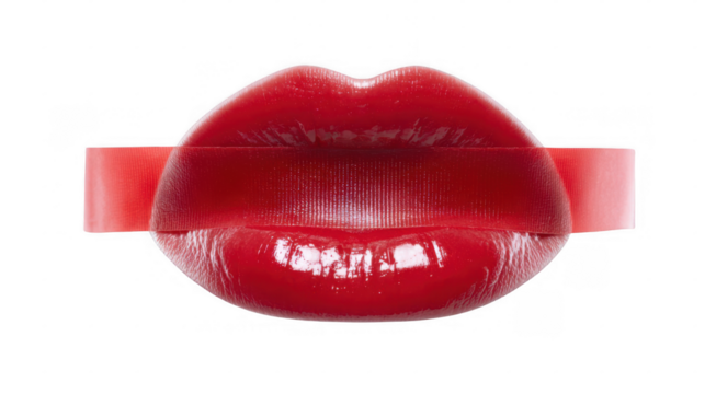 Glossy red lips sealed with a bold piece of red tape evoke themes of silence, censorship, and secrecy, set against a clean transparent background