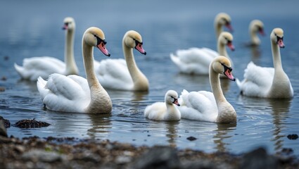 Obraz premium A brood of mute swan with a white chick swims near the shore