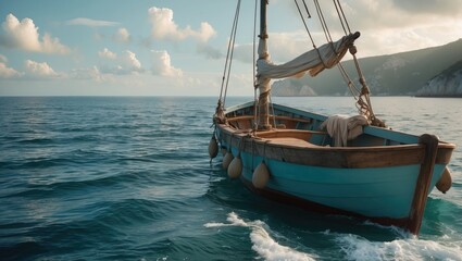 A boat anchored near the coast with water and coastal cliffs in the background