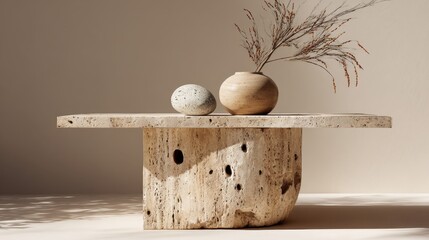 Minimalist earth tones decorative table with stone and vase elements