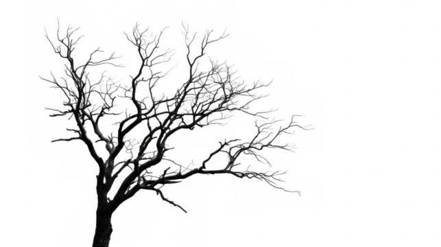 Black silhouette of a charred tree with transparent background, ideal for photo manipulations or graphic design projects requiring a stark and dramatic element