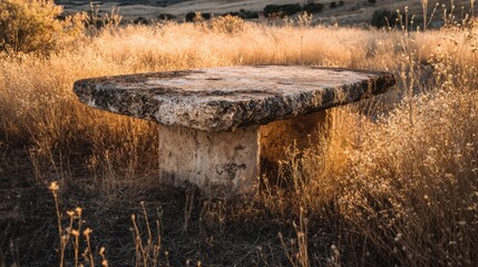 Ancient stone table in sunlit meadow during golden hour