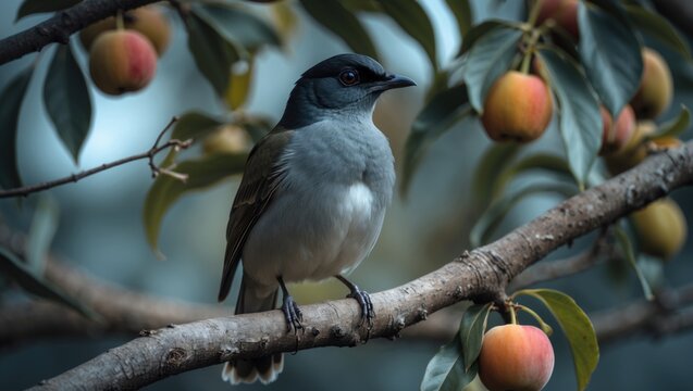 Close-up of a grey-bellied bulbul perched happily on a fruit tree branch with empty space for text. - Powered by Adobe