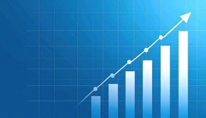 Upward trend white bars, line with dots, arrow on blue gradient grid background