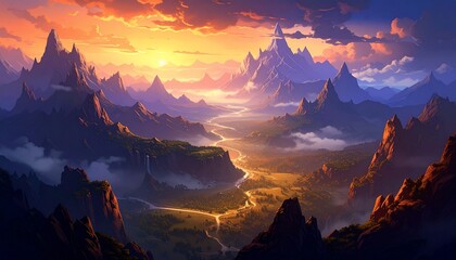 Majestic Sunset over the Serene Mountain Valley