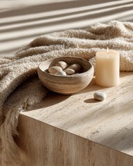Cozy minimalist scene with candle and stones on a textured surface