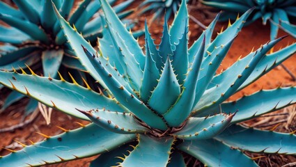 Agave Close-up Image with stiffly erect leaves featuring moderately-spaced spines, sharp marginal teeth, and very fibrous interior.