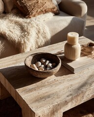 Cozy home decor with rustic elements and textured accents in a warm living room setting