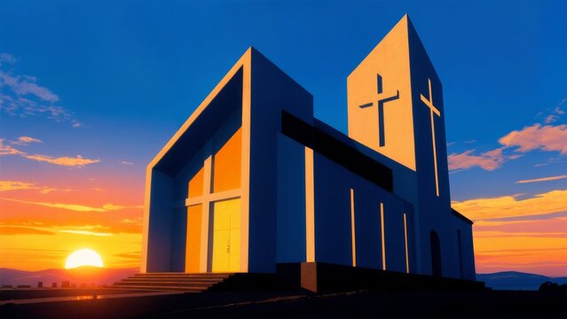 Golden Sunrise over Modern Church, Architectural Harmony, New Beginnings, and Spiritual Awakening. Great for church websites, religious events, and inspirational themes.