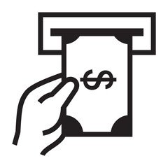 Black and white icon of a hand pulling a dollar currency note from a slot, illustrated in a bold and minimal line art style.