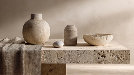 Rustic ceramic vase arrangement on textured stone table for minimalist interior design
