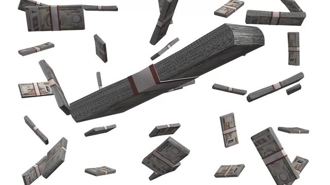 Cash stacks falling with United Arab Emirates dirham currency