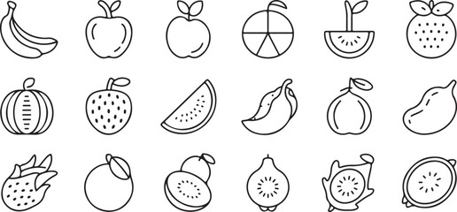 Simple Black Line Art Icons of Various Fruits