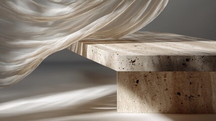 Elegant marble table and flowing fabric in minimalist sunlit interior design