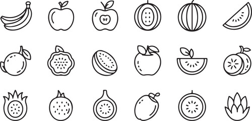 Simple Black Line Art Icons of Various Fruits