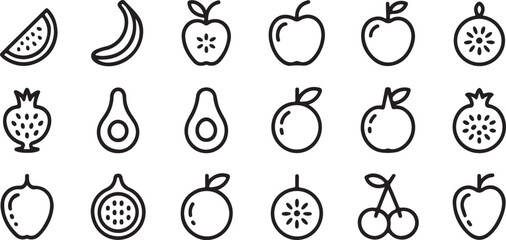 Simple Black Line Art Icons of Various Fruits