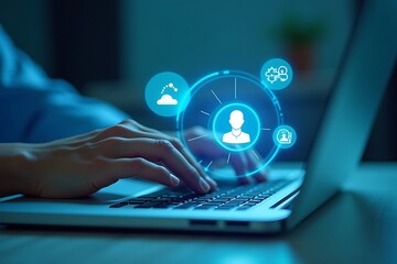 Person using laptop with digital interface showing cloud computing and user profile