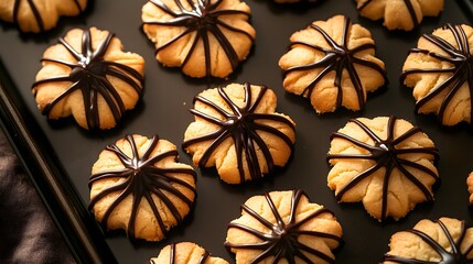 Aerial Perspective on Exquisite Flower-Shaped Shortbread Confectioneries with Delicate Chocolate Drizzle on Stylish Tray Highlighting Gourmet Craftsmanship