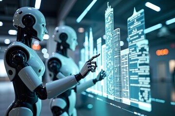 Obraz premium Futuristic Cityscape Examined by Group of Advanced AI Robots through Holographic Projection