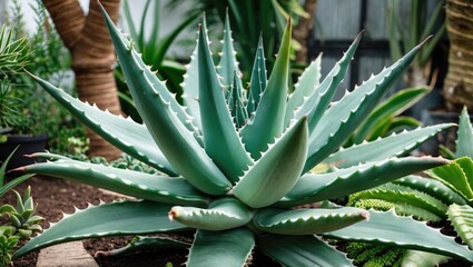 Fototapeta premium Aloe arborescens is a succulent plant characterized by green leaves with pointed edges. In a tropical garden, the Aloe arborescens creates a stunning display.
