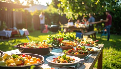 Outdoor summer feast with a buffet table and people gathered in the background