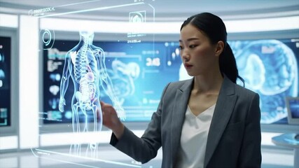 An Asian woman demonstrates her expertise by interacting with holographic displays showcasing detailed human anatomy in a modern healthcare environment - Powered by Adobe