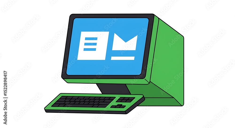 Poster illustration of desktop computer with blue screen and keyboard