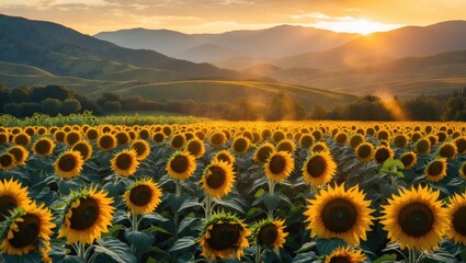 Obraz premium A stunning view of a sunflower field illuminated by a setting sun, with rolling mountains in the background