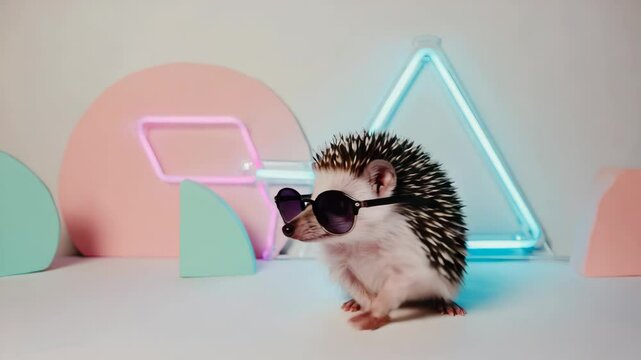 A hipster hedgehog models sunglasses on a colorful background with a modern logo.