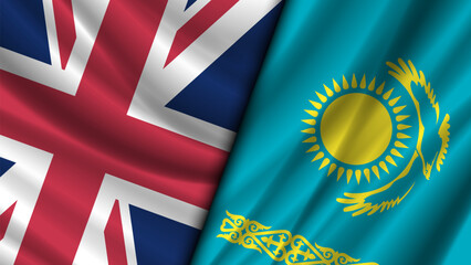 Vector wavy flags of Great Britain and Kazakhstan. Friendly relations between countries. Politico economic banner. Union Jack, sun, patterns and bird.