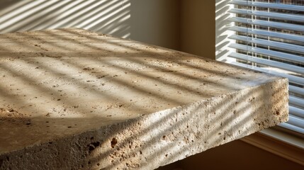 Modern interior design: sunlit travertine table with window blinds shadow patterns