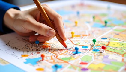 A hand colouring a part of a map with colour markers