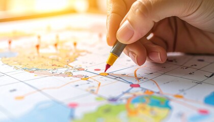 A hand colouring a part of a map with colour markers