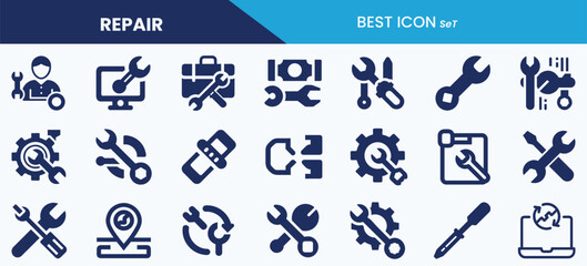 Best repair icon set collection, placing, replace, maintain, compensation, support, fix tools, wrench and vector illustration.