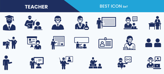 Best teacher icon set collection, class, professor, lesson, mentor, chalkboard, classroom and vector illustration.