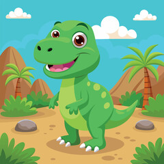 Cheerful Green Dinosaur Cartoon Character in a Prehistoric Landscape Illustration for Kids
