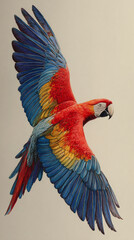 Obraz premium A vibrant scarlet macaw in flight displaying its colorful plumage against a neutral background