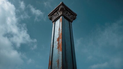 A unique iron pillar that does not rust, tall column against the blue sky with carved ornaments at the top.