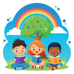 Children Reading Books Under a Colorful Rainbow Cartoon Illustration for Education